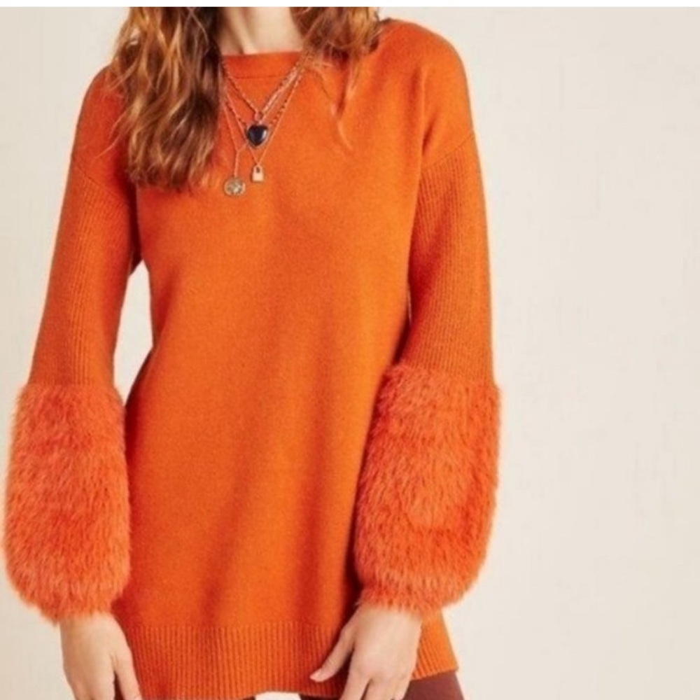 NWT Anthropologie Colma Tunic Sweater Burnt Orange Eyelash Cuffs Women's Size XS